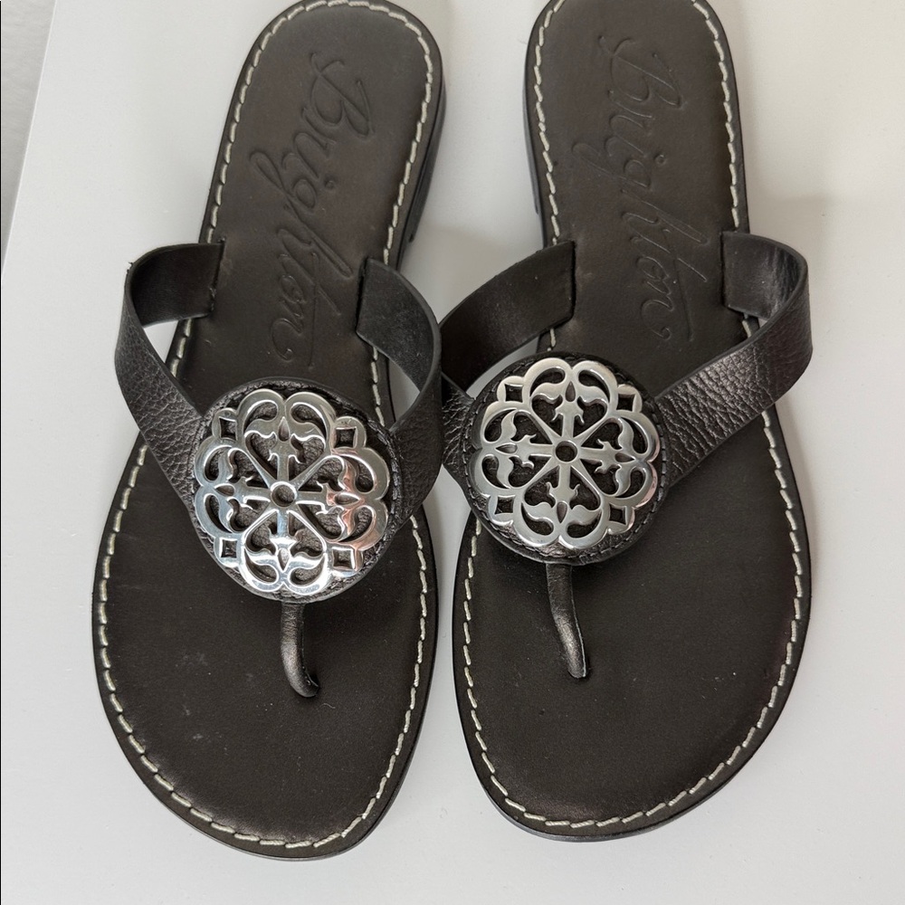Brighton Black Leather Thong Sandals with Silver Ornament